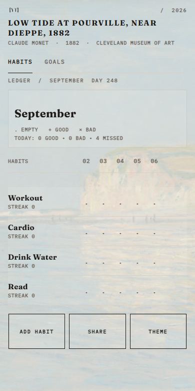 Yearly Tracker’s actual habits screen, with its Monet artwork theme and daily habit ledger.